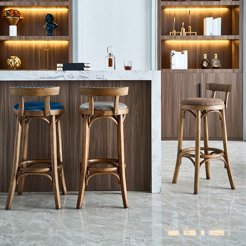 Industrial Upholstered Round Stool Low Back Wood Barstool for Living Room