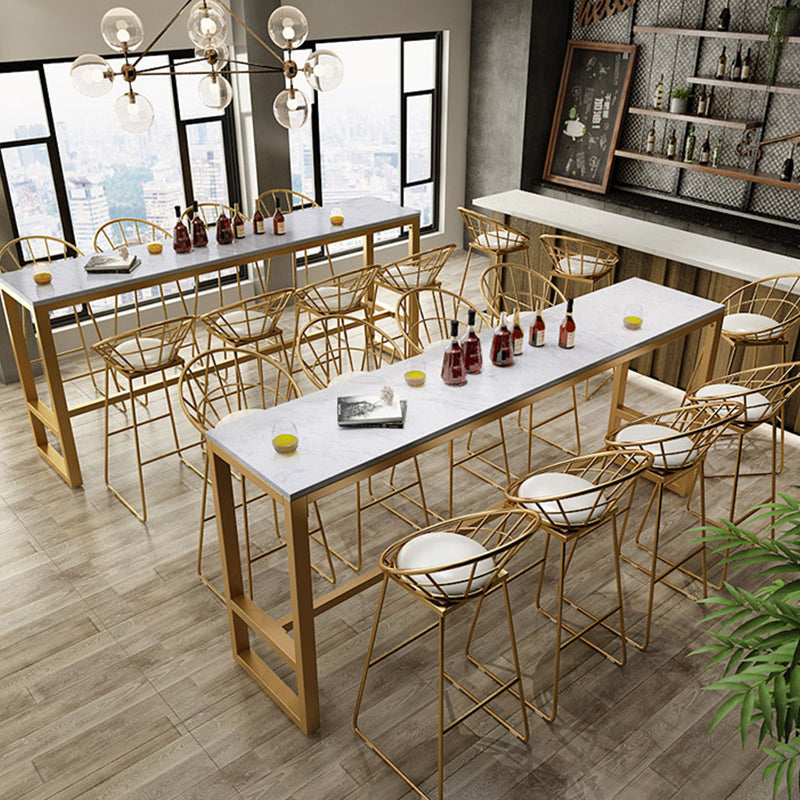 Glam Bar Height Table White Faux Marble Top Bistro Bar Table with Trestle Base Clearhalo 'Bar Furniture' 'Bar Tables' 'bar_tables' 'furn' 'furn_bar_tables' 'Furniture' 'Kitchen & Dining Furniture' 6474820