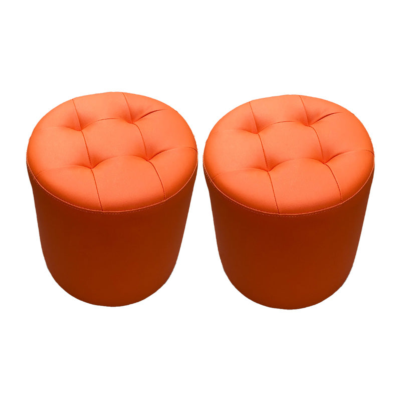 Mid-Century Modern Pouf Ottoman Genuine Leather Tufted Cylinder Shape Ottoman