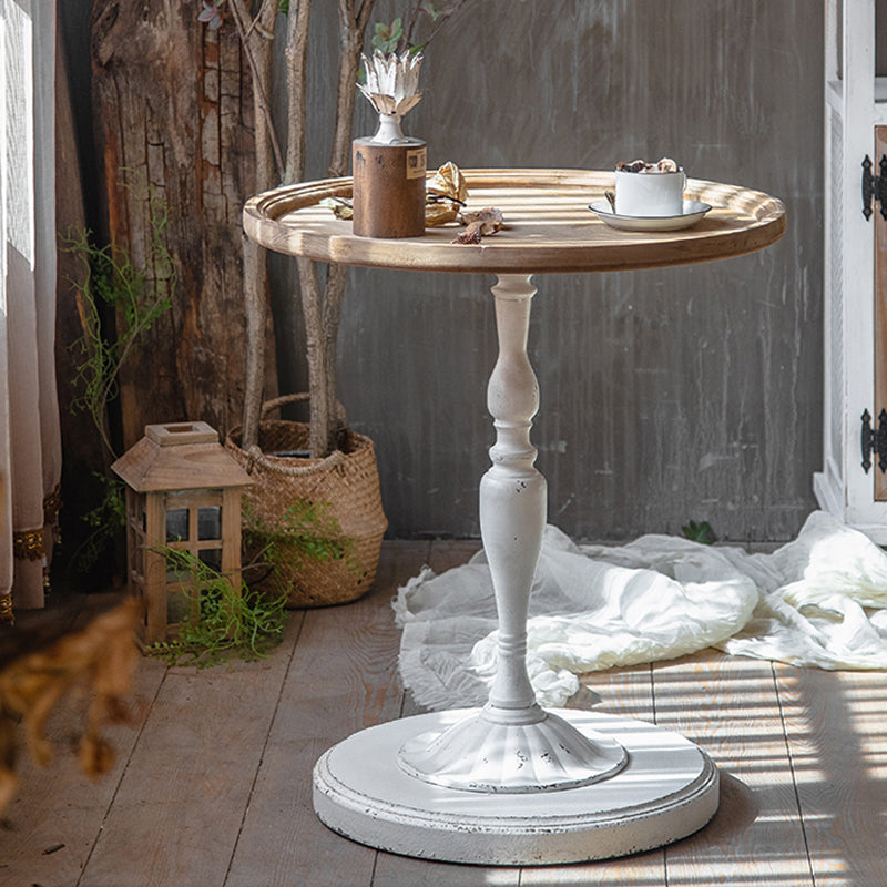 Wood Round Top Side Table Metal Base End Table - Distressed Surface Treatment