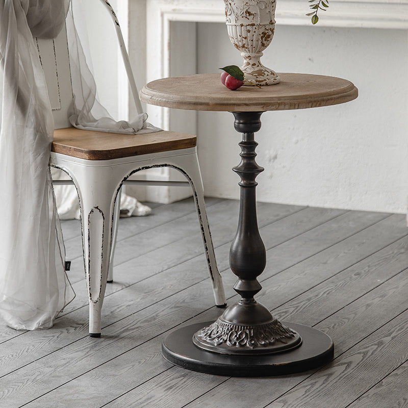 Wood Round Top Side Table Metal Base End Table - Distressed Surface Treatment