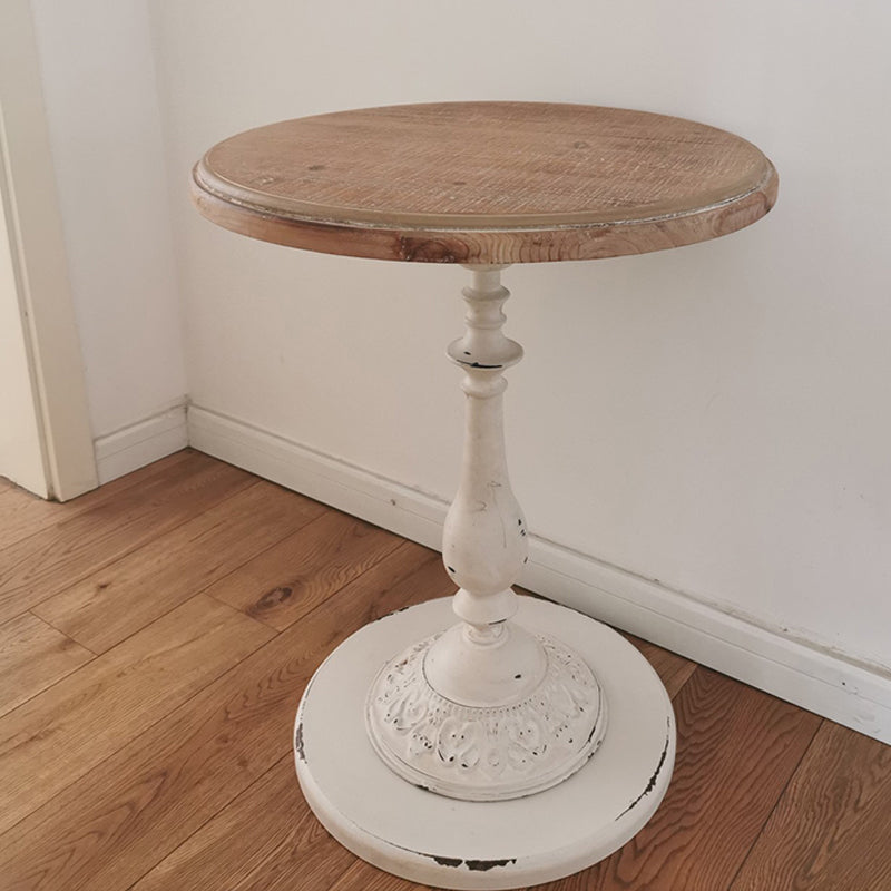 Wood Round Top Side Table Metal Base End Table - Distressed Surface Treatment