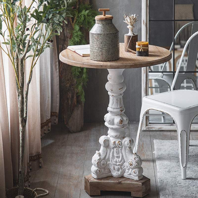 Wood Round Top Side Table Metal Base End Table - Distressed Surface Treatment