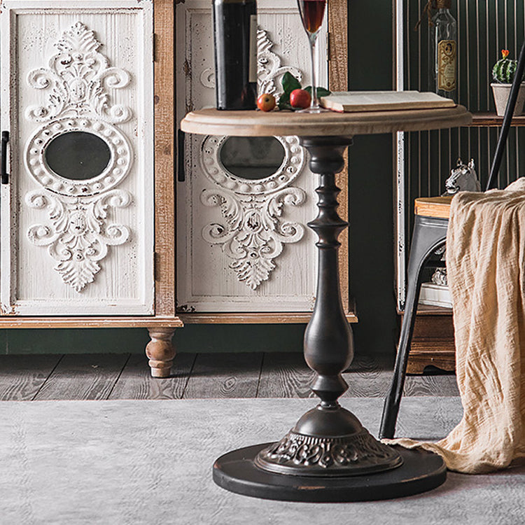 Wood Round Top Side Table Metal Base End Table - Distressed Surface Treatment