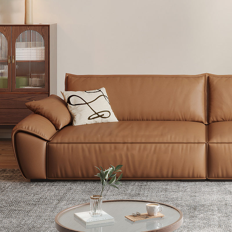 Canapé à bras évasé marron en faux cuir et sièges en cuir authentique avec oreillers