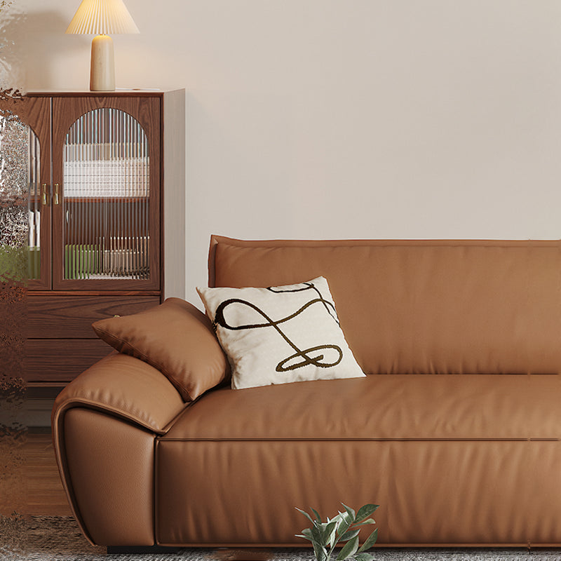 Canapé à bras évasé marron en faux cuir et sièges en cuir authentique avec oreillers