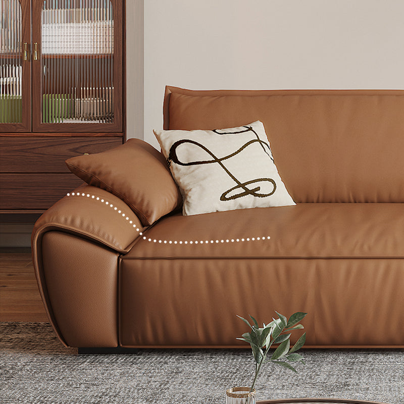 Canapé à bras évasé marron en faux cuir et sièges en cuir authentique avec oreillers