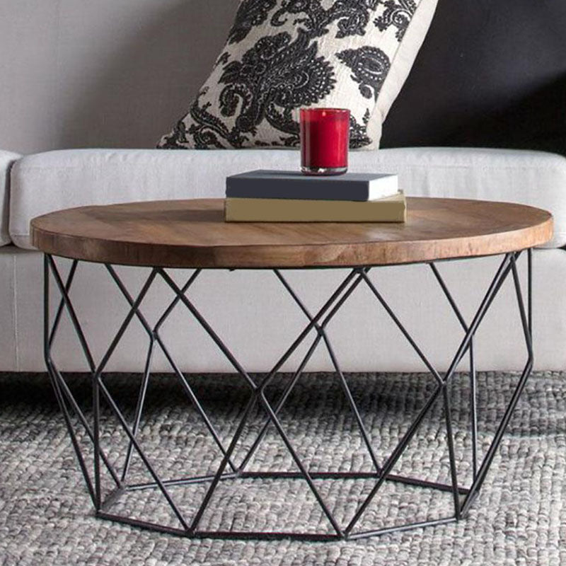 Contemporary Solid Wood Coffee Table with Round Top and Metal Base