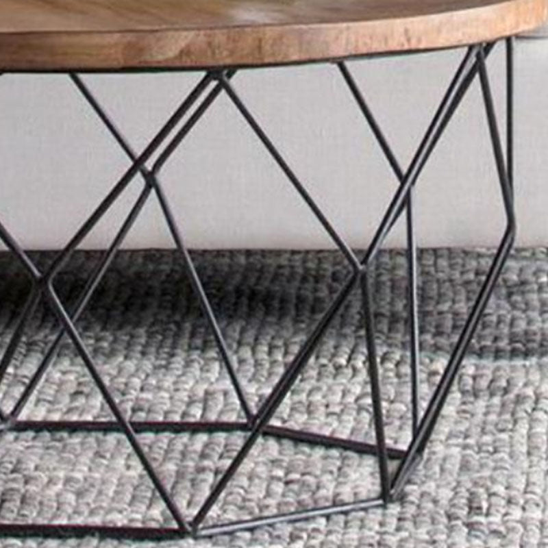 Contemporary Solid Wood Coffee Table with Round Top and Metal Base