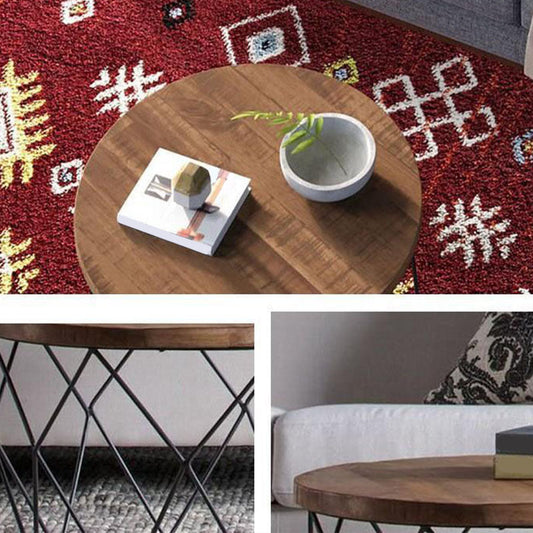 Mesa de café de madera maciza contemporánea con tapa redonda y base de metal