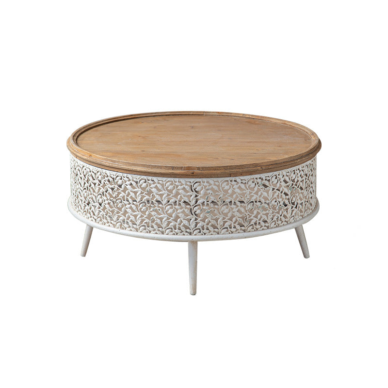 French Country Round Coffee Table with Natural Pine Wood Top 31.5"L x 31.5"W x 16"H Clearhalo 'Coffee & Accent Tables' 'Coffee Tables' 'coffee_tables' 'furn' 'furn_coffee_tables' 'Furniture' 'Living Room Furniture' 6479308