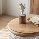 Franse landelijke ronde salontafel met natuurlijke dennenhout top