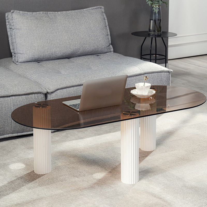 Contemporary Oval Glass Top Coffee Table with 3 Wooden Legs Cocktail Table Brown Clearhalo 'Coffee & Accent Tables' 'Coffee Tables' 'coffee_tables' 'furn' 'furn_coffee_tables' 'Furniture' 'Living Room Furniture' 6479414
