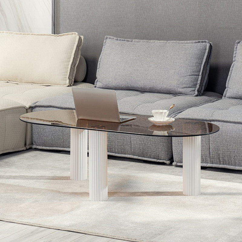 Contemporary Oval Glass Top Coffee Table with 3 Wooden Legs Cocktail Table Clearhalo 'Coffee & Accent Tables' 'Coffee Tables' 'coffee_tables' 'furn' 'furn_coffee_tables' 'Furniture' 'Living Room Furniture' 6479417