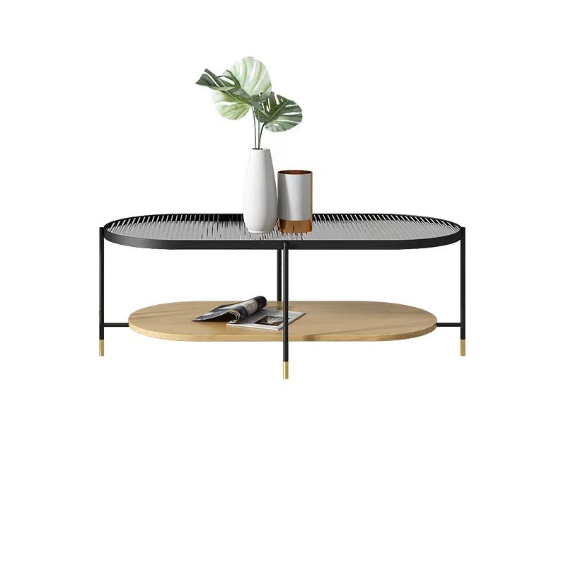 Modern Oval / Round Glass Coffee Table Iron 4 Legs Cocktail Table with Shelf