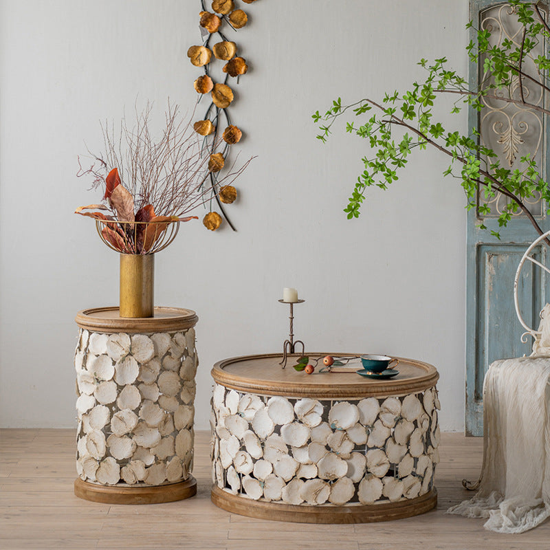 French Country Solid Wood Coffee Table Round Distressed Cocktail Table