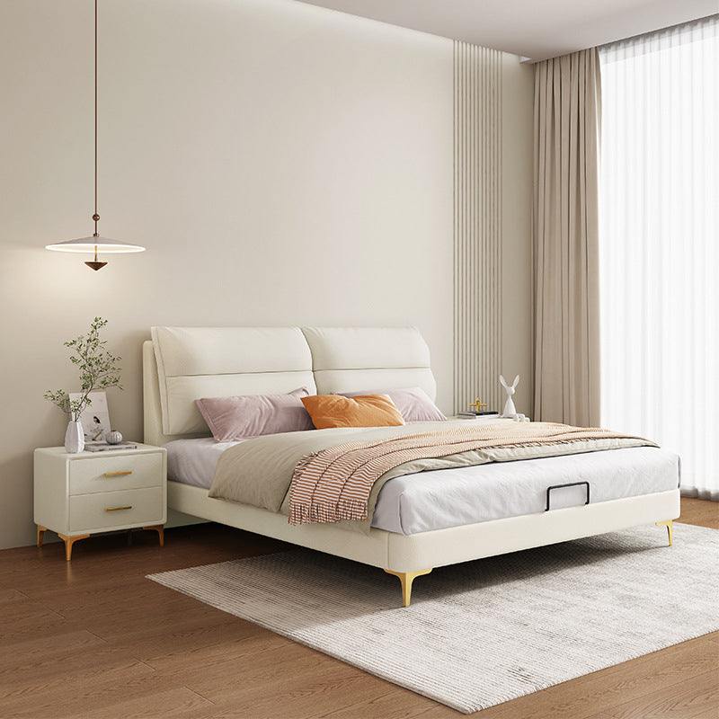 Panel Standard Bed Glam Beige Bed Frame with Upholstered Headboard