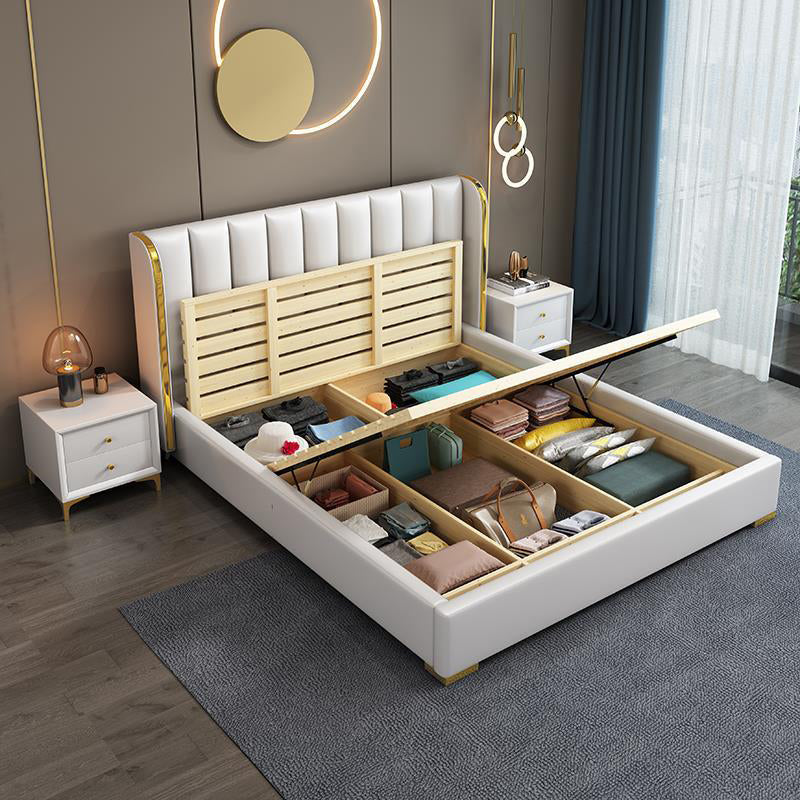 Glam White Panel Bed Upholstered Headboard Standard Bed 60"W x 80"L