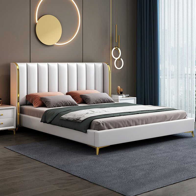 Glam White Panel Bed Upholstered Headboard Standard Bed 60"W x 80"L