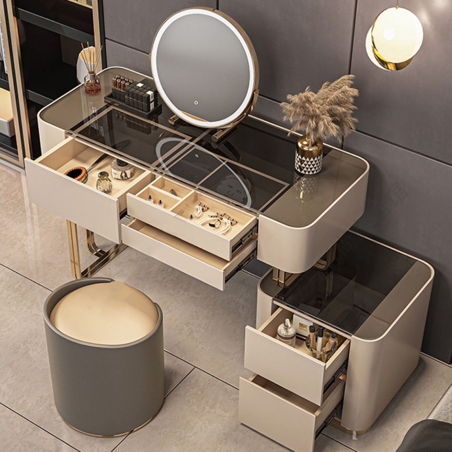 Lussuoso tavolo da toeletta da toeletta per trucco in legno e metallo e tavolo da toeletta a specchio illuminato