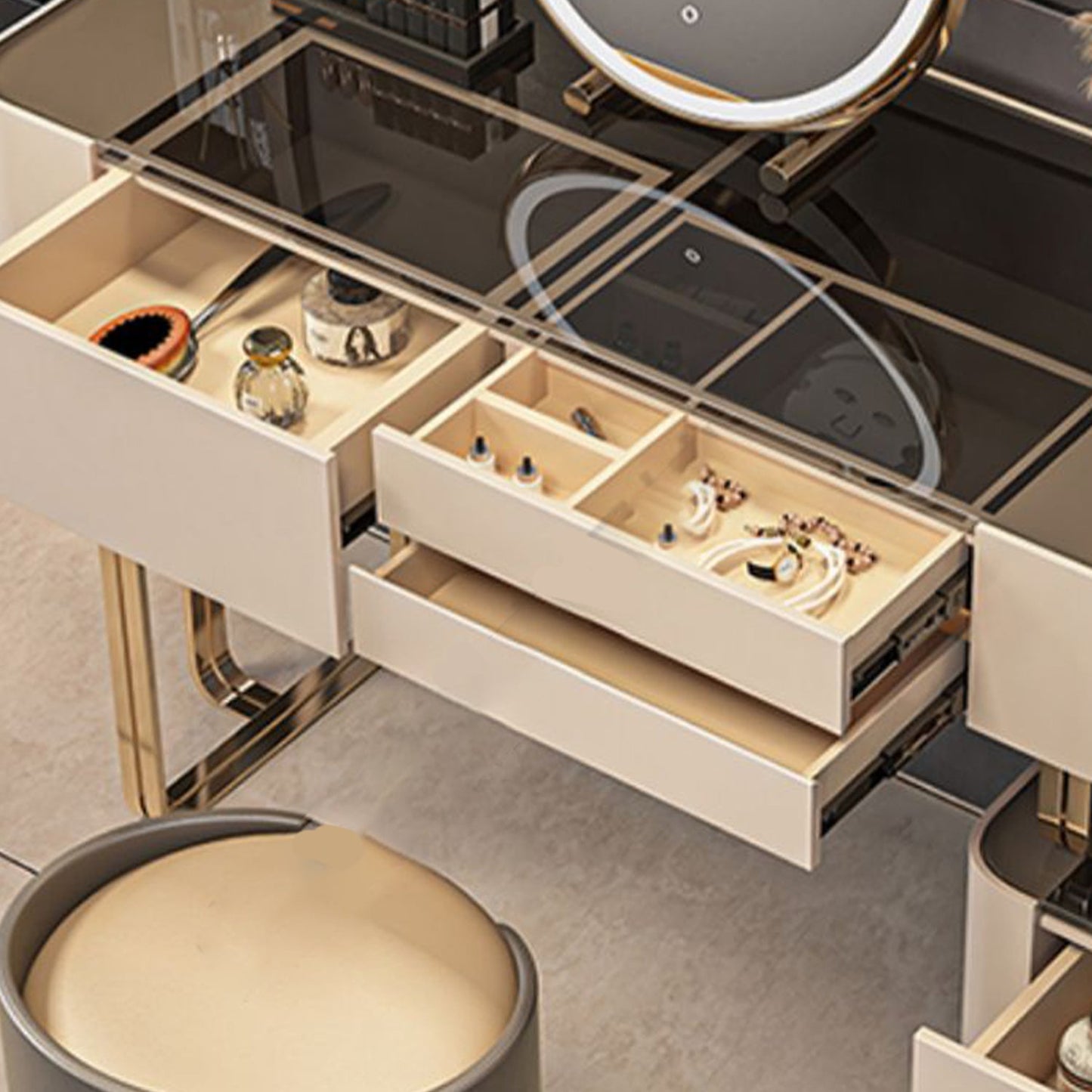 Lussuoso tavolo da toeletta da toeletta per trucco in legno e metallo e tavolo da toeletta a specchio illuminato