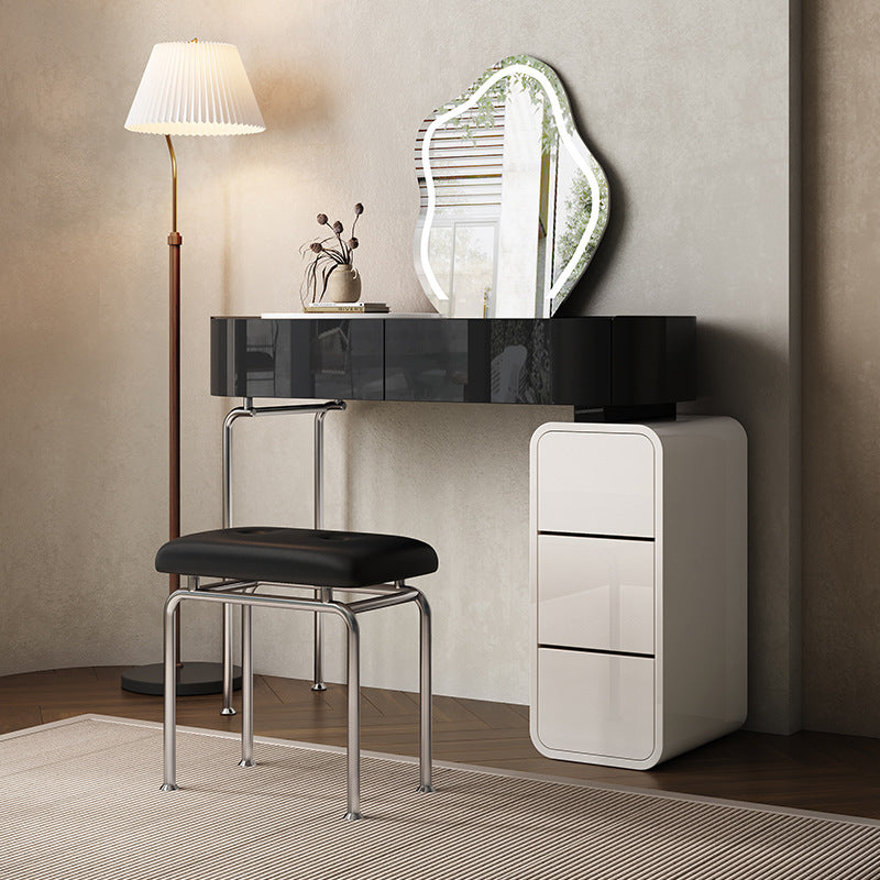 Modern Black Vanity Desk Glass Top Dressing Table with Lighted Mirror & Padded Stool
