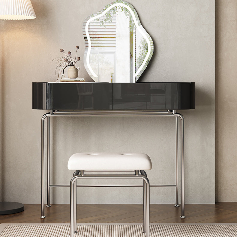 Modern Black Vanity Desk Glass Top Dressing Table with Lighted Mirror & Padded Stool