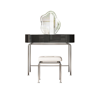 Modern Black Vanity Desk Glass Top Dressing Table with Lighted Mirror & Padded Stool