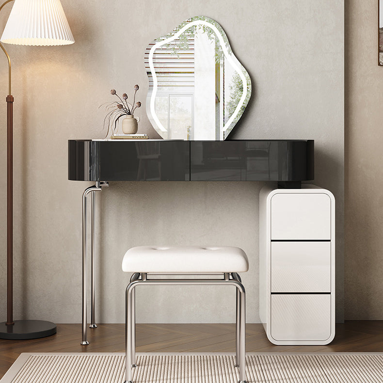Modern Black Vanity Desk Glass Top Dressing Table with Lighted Mirror & Padded Stool
