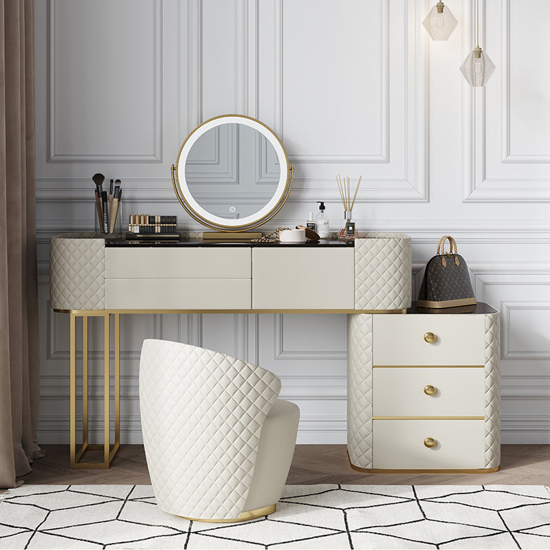 White Mirrored Make-up Vanity Glass Top Dressing Table Stool Set Clearhalo 'Bedroom Furniture' 'furn' 'furn_makeup_vanities' 'Furniture' 'Makeup Vanities' 'makeup_vanities' 6489385