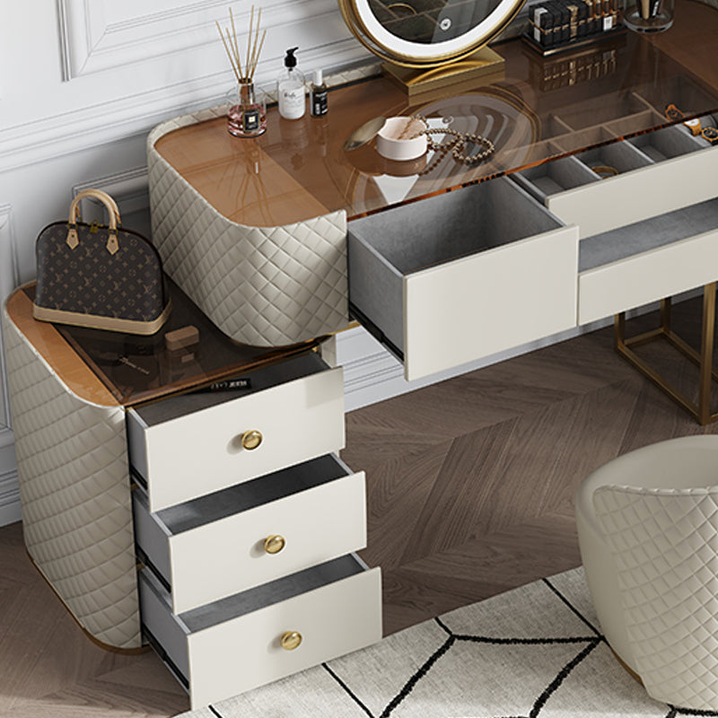 White Mirrored Make-up Vanity Glass Top Dressing Table Stool Set Clearhalo 'Bedroom Furniture' 'furn' 'furn_makeup_vanities' 'Furniture' 'Makeup Vanities' 'makeup_vanities' 6489390