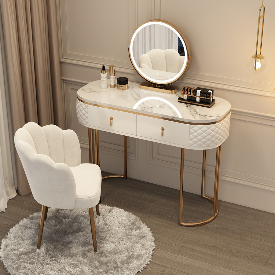 Luxurious Metal Make-up Vanity Stone Top Dressing Table Stool Set with Lighted Mirror