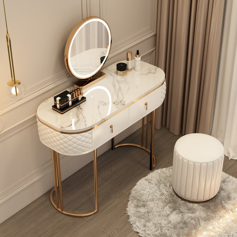 Luxurious Metal Make-up Vanity Stone Top Dressing Table Stool Set with Lighted Mirror