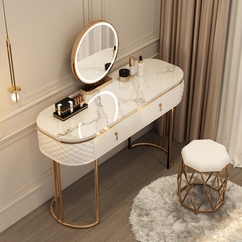 Luxurious Metal Make-up Vanity Stone Top Dressing Table Stool Set with Lighted Mirror