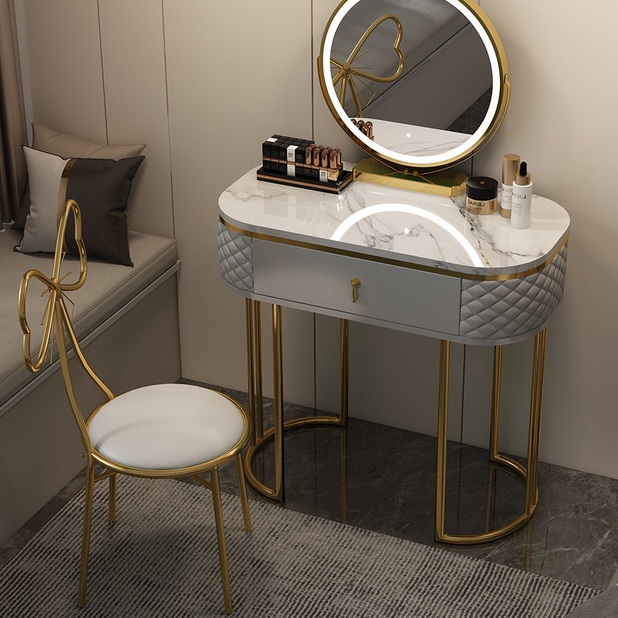 Luxurious Metal Make-up Vanity Stone Top Dressing Table Stool Set with Lighted Mirror