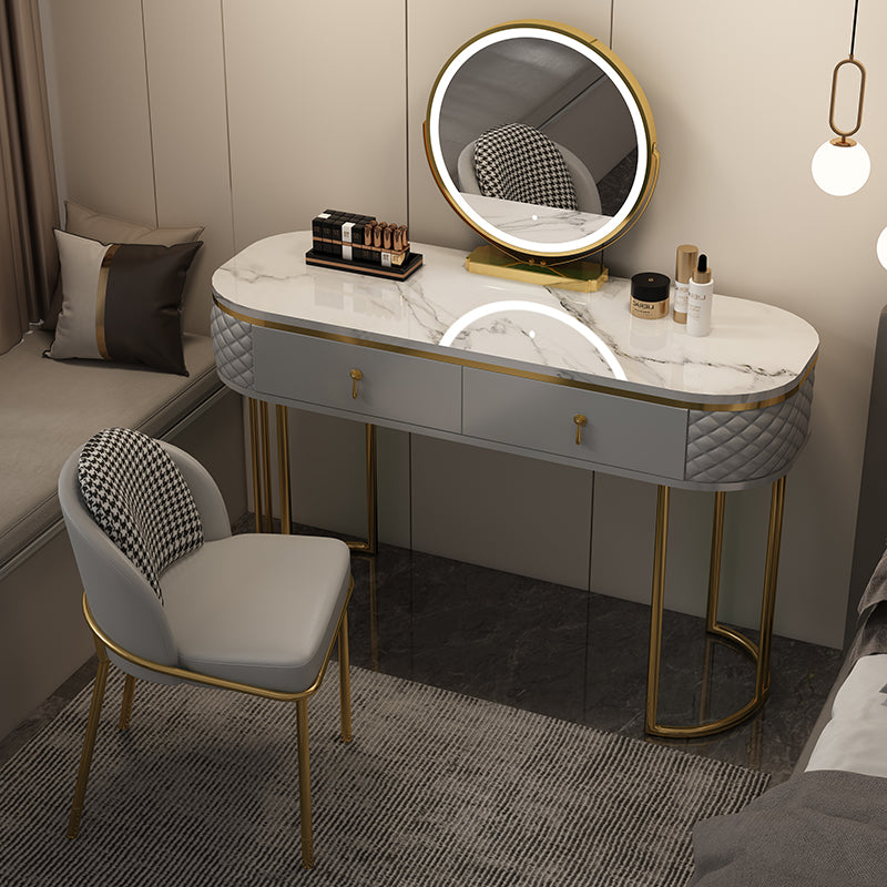 Luxurious Metal Make-up Vanity Stone Top Dressing Table Stool Set with Lighted Mirror