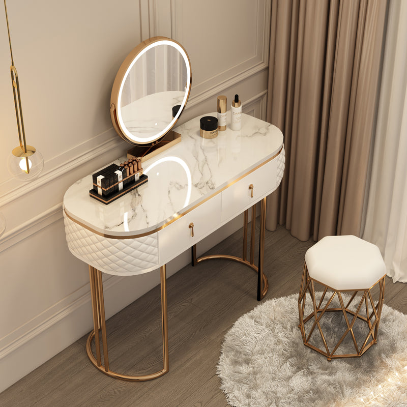 Luxurious Metal Make-up Vanity Stone Top Dressing Table Stool Set with Lighted Mirror