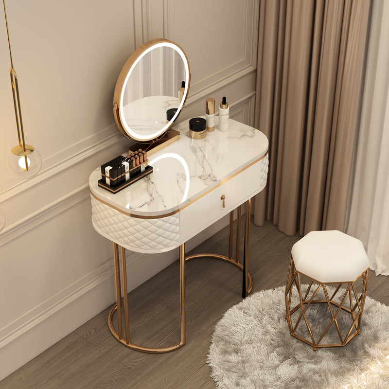 Luxurious Metal Make-up Vanity Stone Top Dressing Table Stool Set with Lighted Mirror