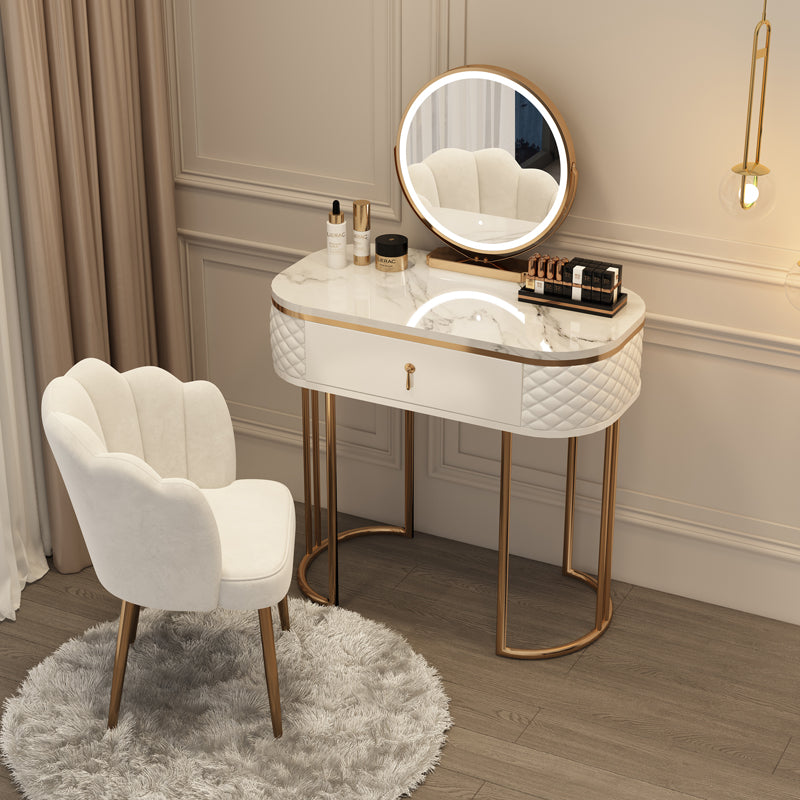 Luxurious Metal Make-up Vanity Stone Top Dressing Table Stool Set with Lighted Mirror