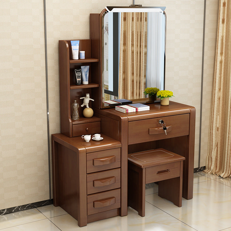 Traditional Solid Wood Make-up Vanity with Mirror and Stool,6 Drawers Makeup Vanity & Mirror & Stools Walnut Left Clearhalo 'Bedroom Furniture' 'furn' 'furn_makeup_vanities' 'Furniture' 'Makeup Vanities' 'makeup_vanities' 6490136
