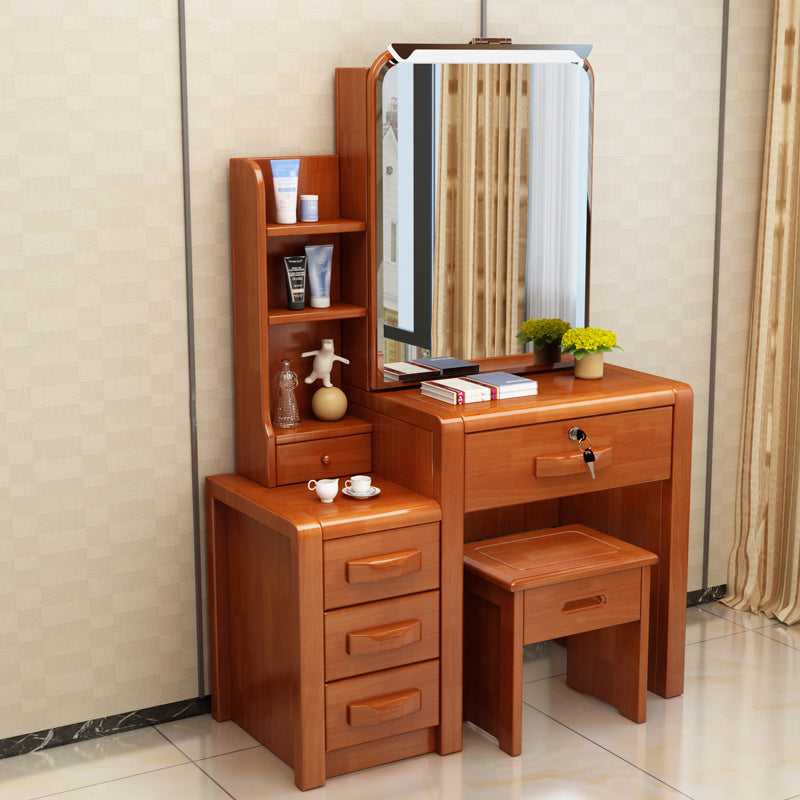 Traditional Solid Wood Make-up Vanity with Mirror and Stool,6 Drawers Makeup Vanity & Mirror & Stools Brown Left Clearhalo 'Bedroom Furniture' 'furn' 'furn_makeup_vanities' 'Furniture' 'Makeup Vanities' 'makeup_vanities' 6490144