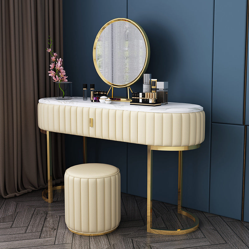 Marble Vanity Table with 1 Storage Drawer Glam Makeup Table for Bedroom Makeup Vanity & Mirror & Stools Yellow Clearhalo 'Bedroom Furniture' 'furn' 'furn_makeup_vanities' 'Furniture' 'Makeup Vanities' 'makeup_vanities' 6490476