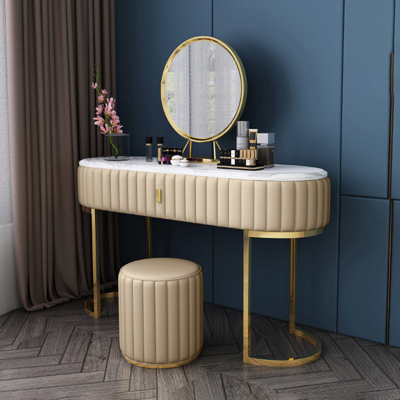 Marble Vanity Table with 1 Storage Drawer Glam Makeup Table for Bedroom Makeup Vanity & Mirror & Stools Champagne Clearhalo 'Bedroom Furniture' 'furn' 'furn_makeup_vanities' 'Furniture' 'Makeup Vanities' 'makeup_vanities' 6490477