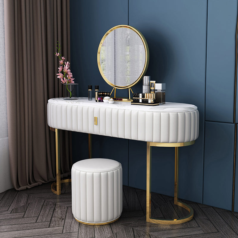 Marble Vanity Table with 1 Storage Drawer Glam Makeup Table for Bedroom Makeup Vanity & Mirror & Stools White Clearhalo 'Bedroom Furniture' 'furn' 'furn_makeup_vanities' 'Furniture' 'Makeup Vanities' 'makeup_vanities' 6490478