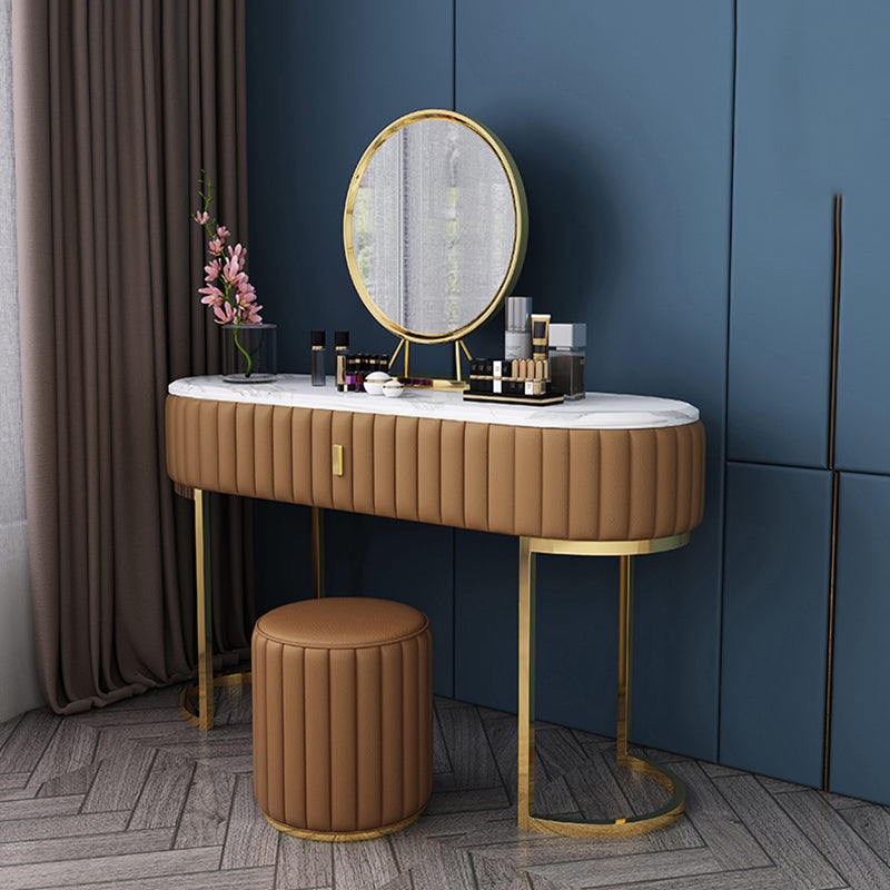 Marble Vanity Table with 1 Storage Drawer Glam Makeup Table for Bedroom Makeup Vanity & Mirror & Stools Brown Clearhalo 'Bedroom Furniture' 'furn' 'furn_makeup_vanities' 'Furniture' 'Makeup Vanities' 'makeup_vanities' 6490480