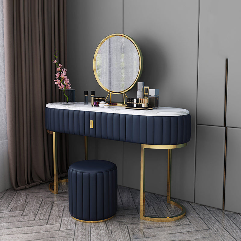 Marble Vanity Table with 1 Storage Drawer Glam Makeup Table for Bedroom Makeup Vanity & Mirror & Stools Navy Blue Clearhalo 'Bedroom Furniture' 'furn' 'furn_makeup_vanities' 'Furniture' 'Makeup Vanities' 'makeup_vanities' 6490484