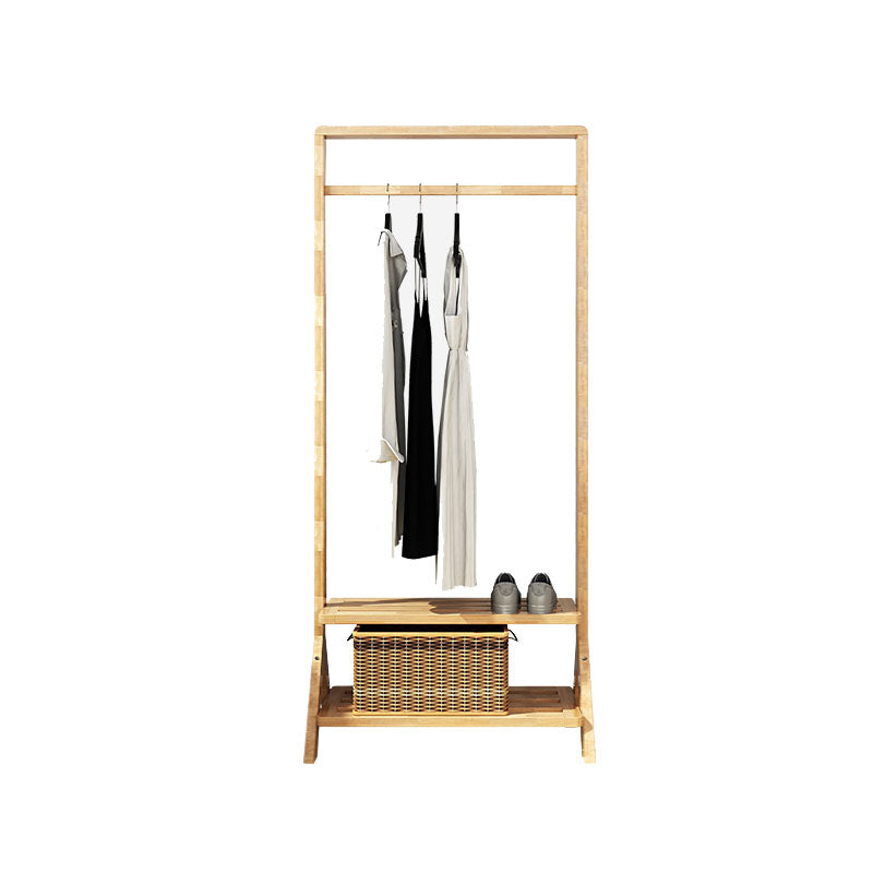 Contemporary Style Coat Hanger Double Shelves Solid Wood Coat Rack for Living Room 23.6"L x 14.2"W x 65"H Natural Clearhalo 'Entry & Mudroom Furniture' 'furn' 'furn_hall_tree_coat_racks' 'Furniture' 'Hall Trees & Coat Racks' 'hall_tree_coat_racks' 6491029