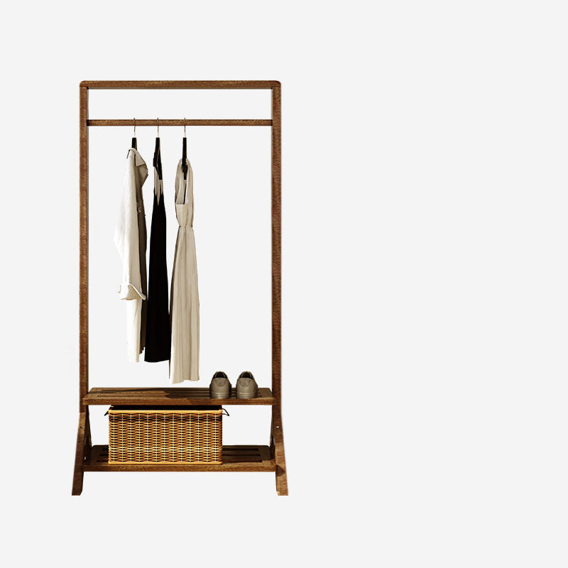 Contemporary Style Coat Hanger Double Shelves Solid Wood Coat Rack for Living Room 31.5"L x 14"W x 65"H Walnut Clearhalo 'Entry & Mudroom Furniture' 'furn' 'furn_hall_tree_coat_racks' 'Furniture' 'Hall Trees & Coat Racks' 'hall_tree_coat_racks' 6491034