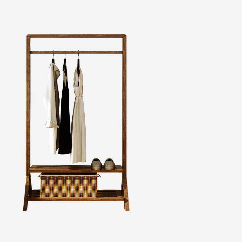Contemporary Style Coat Hanger Double Shelves Solid Wood Coat Rack for Living Room 39.5"L x 14"W x 65"H Walnut Clearhalo 'Entry & Mudroom Furniture' 'furn' 'furn_hall_tree_coat_racks' 'Furniture' 'Hall Trees & Coat Racks' 'hall_tree_coat_racks' 6491035