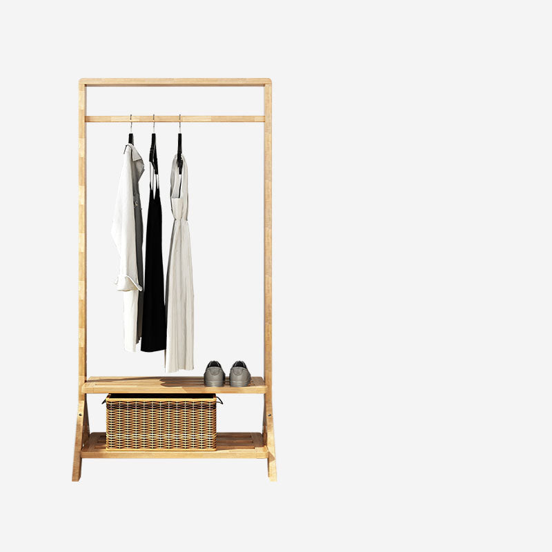 Contemporary Style Coat Hanger Double Shelves Solid Wood Coat Rack for Living Room 31.5"L x 14"W x 65"H Natural Clearhalo 'Entry & Mudroom Furniture' 'furn' 'furn_hall_tree_coat_racks' 'Furniture' 'Hall Trees & Coat Racks' 'hall_tree_coat_racks' 6491037